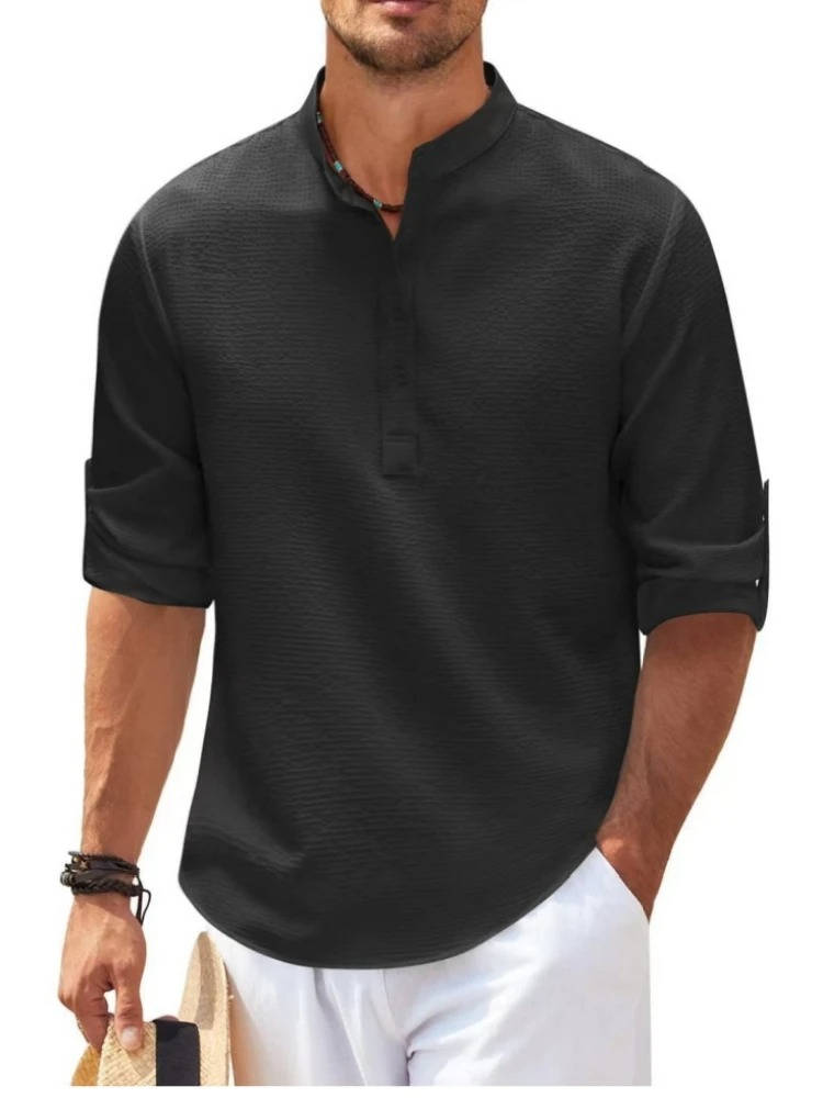 Beige waffle knit Henley shirt relaxed casual fit breathable tri-blend texture men
