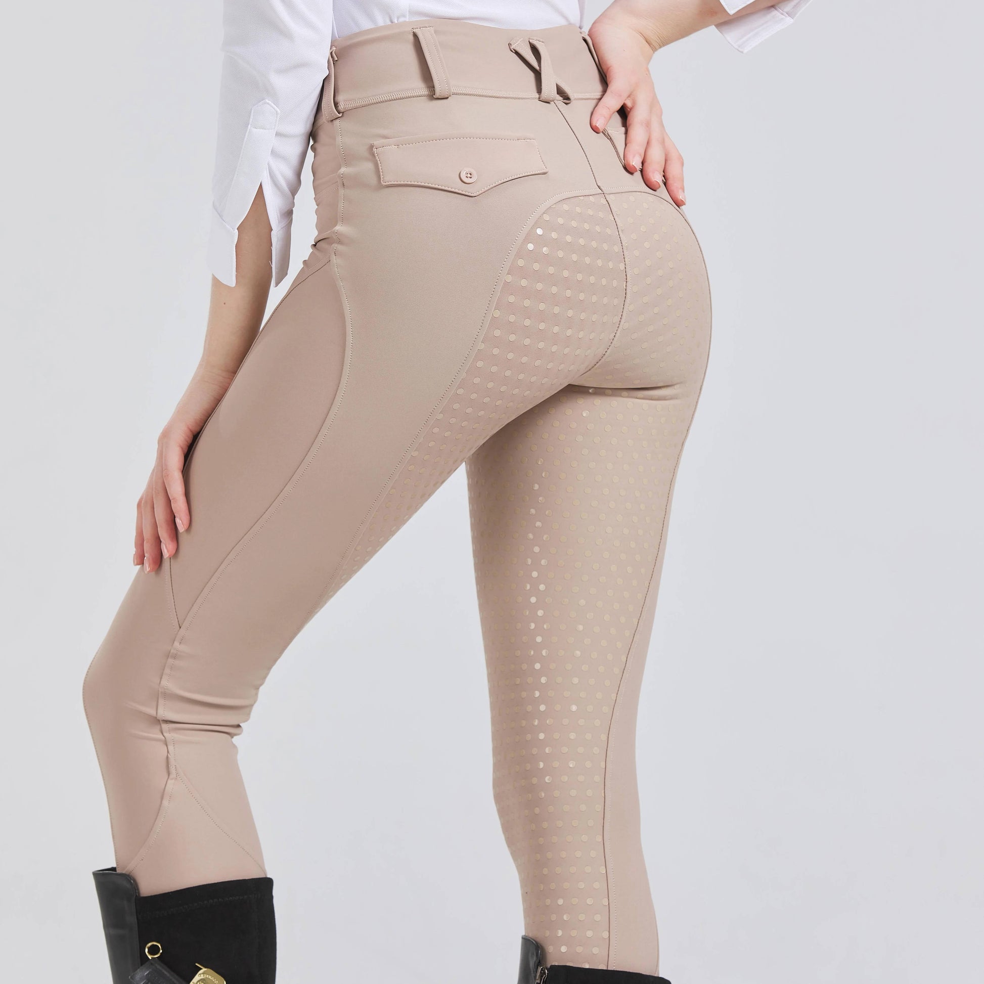 Women equestrian riding pants beige slim-fit full silicone grip anti-slip seat-to-ankle coverage
