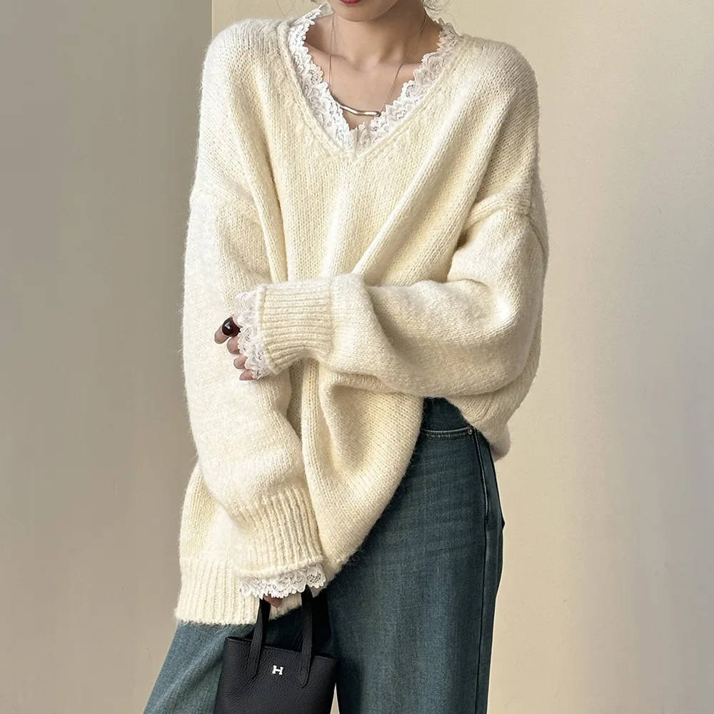 Women's V-neck sweater with delicate lace neckline, soft knit blend, feminine everyday style