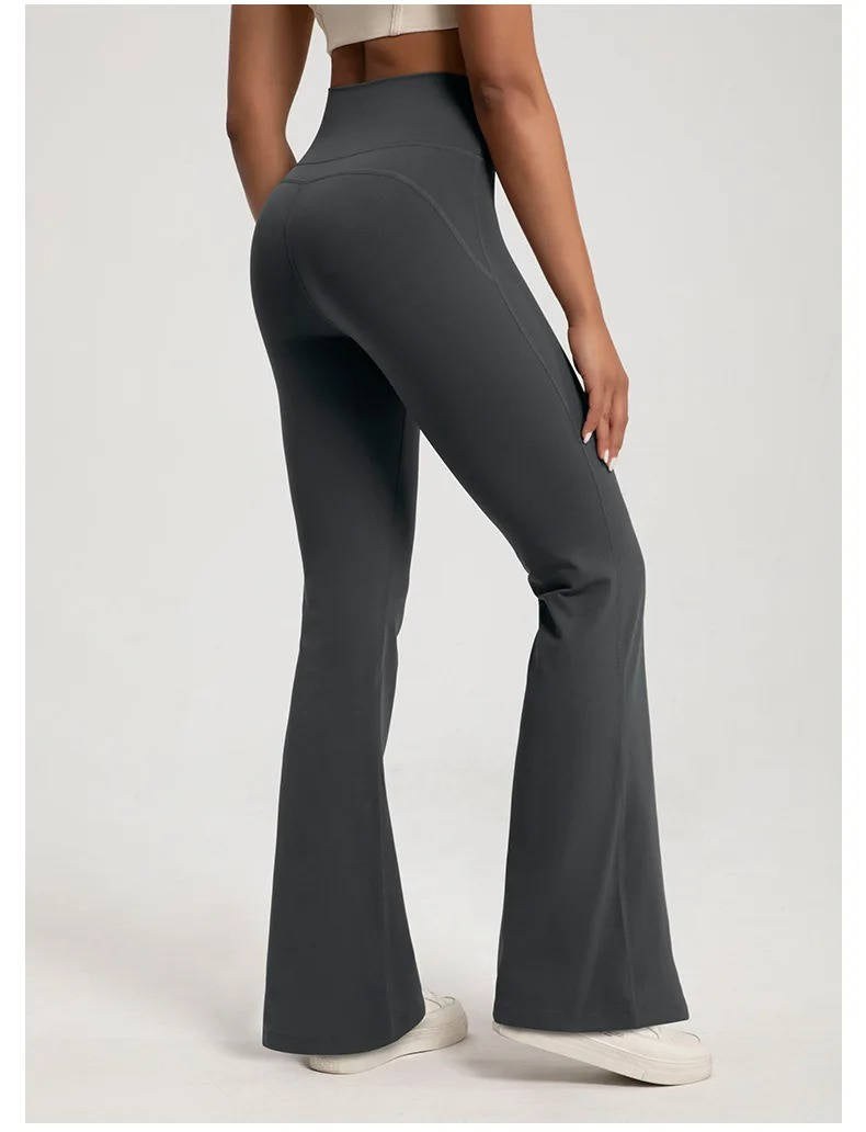 Black high waisted flared leggings with no-slip waistband, four-way stretch for active women