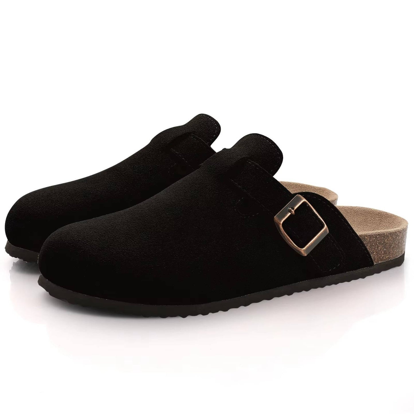 Women's suede clog mule shoes with adjustable metal buckle strap and cork footbed for everyday comfort