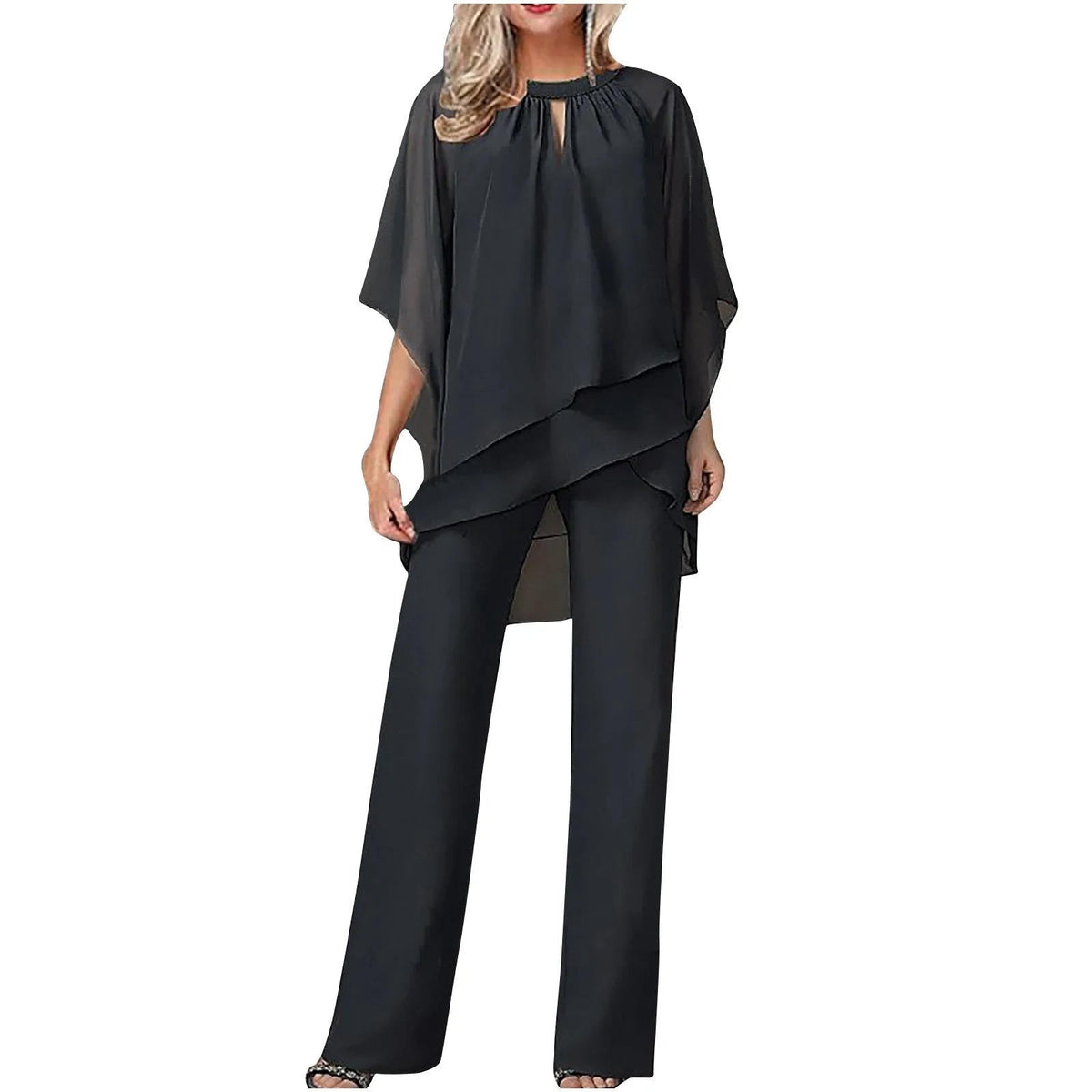 Vivienne | Women's Chiffon Overlay Batwing Sleeve Wide Leg Pantsuit