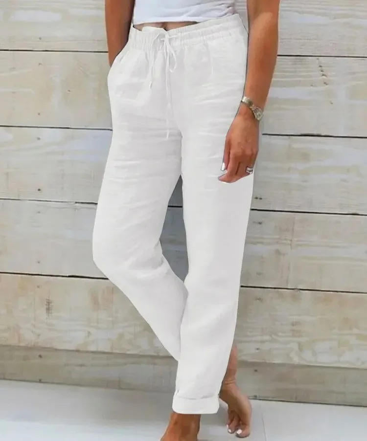 Women's beige linen blend pants with elastic high-rise waist, relaxed breathable fit for warm weather