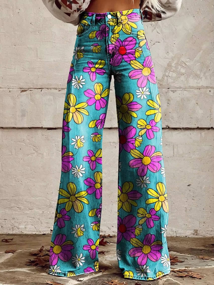 Women's high-waisted floral bell bottom pants vintage-inspired wide leg flared silhouette bold print