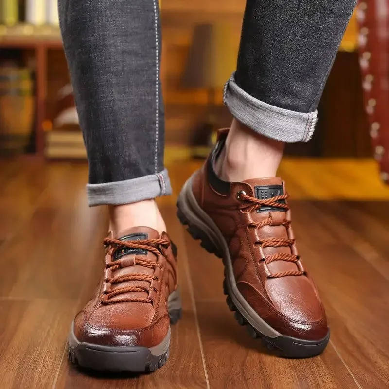 Men's brown orthopedic leather shoes with memory foam insole, supportive lace-up design for all-day comfort