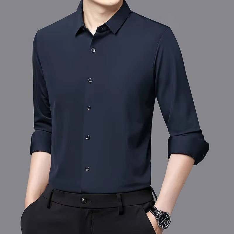Men's wrinkle-free stretch dress shirt in classic white, slim professional cut with four-way flex fabric