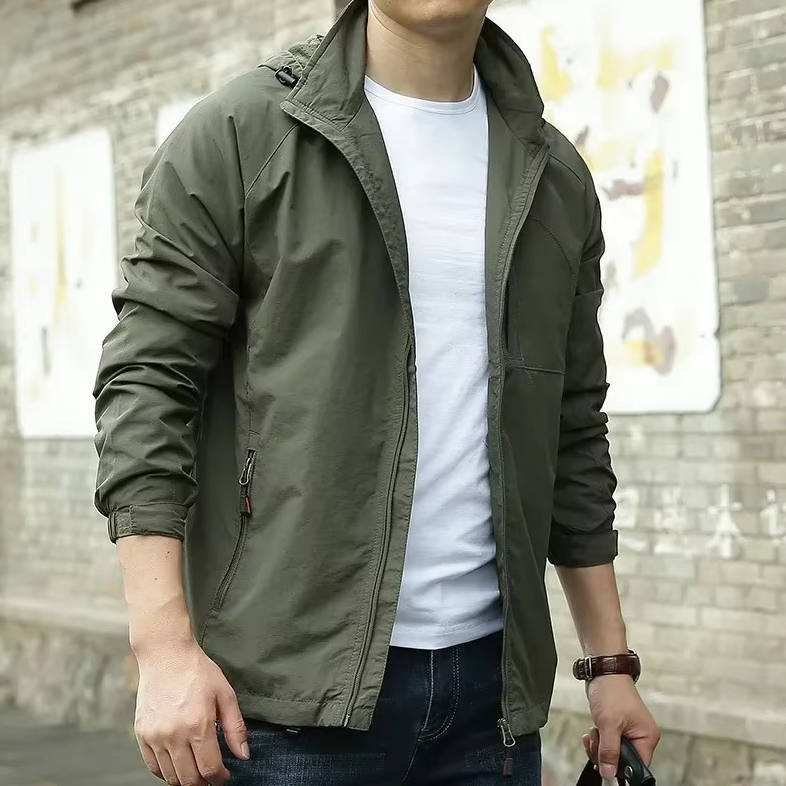 Men's lightweight olive utility jacket windproof water-resistant shell with zip pockets