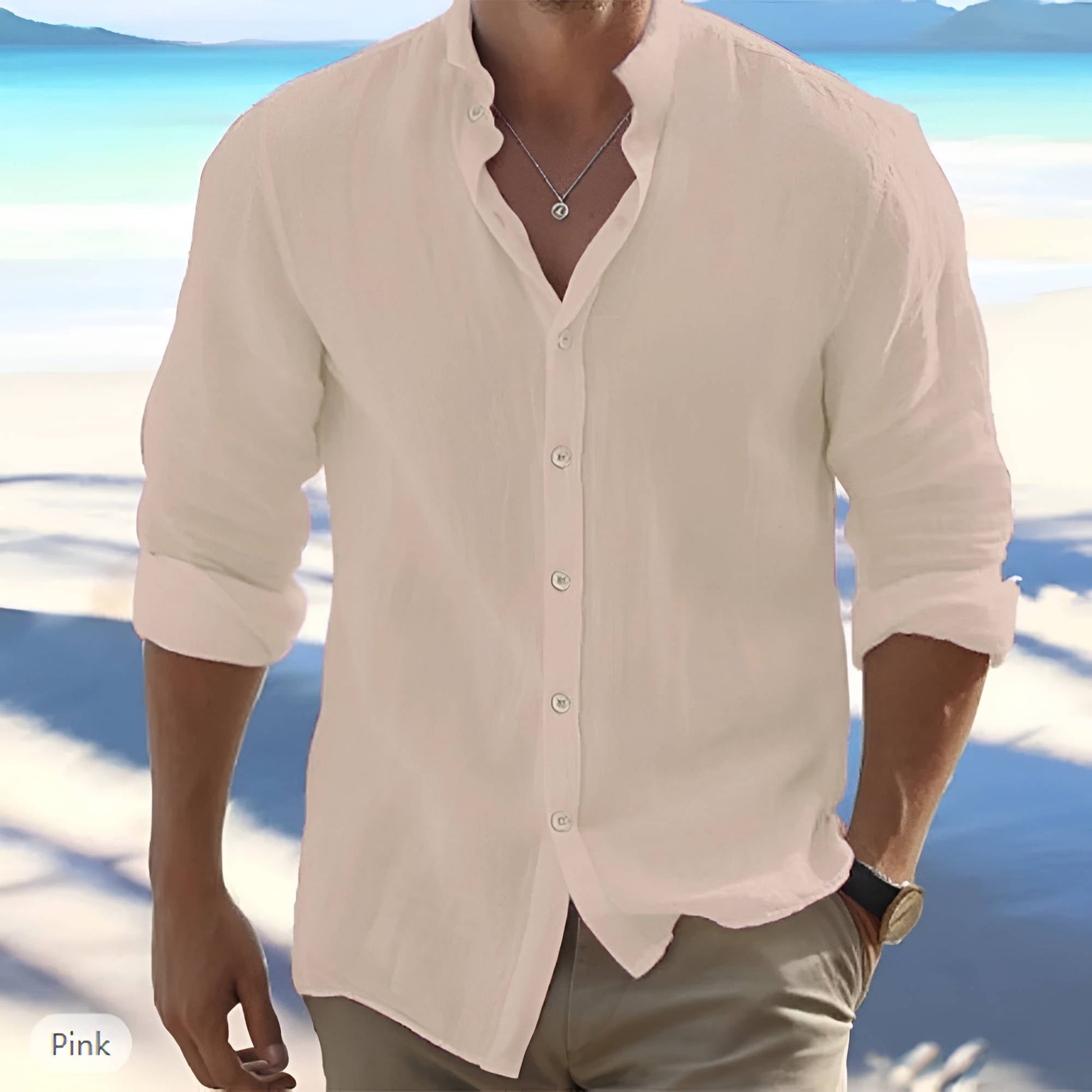 Men's light linen-cotton blend long sleeve casual shirt, breathable button-front everyday professional style