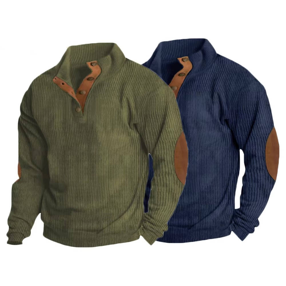 Men's gray classic knit pullover sweater with button neck collar and distinctive elbow patches