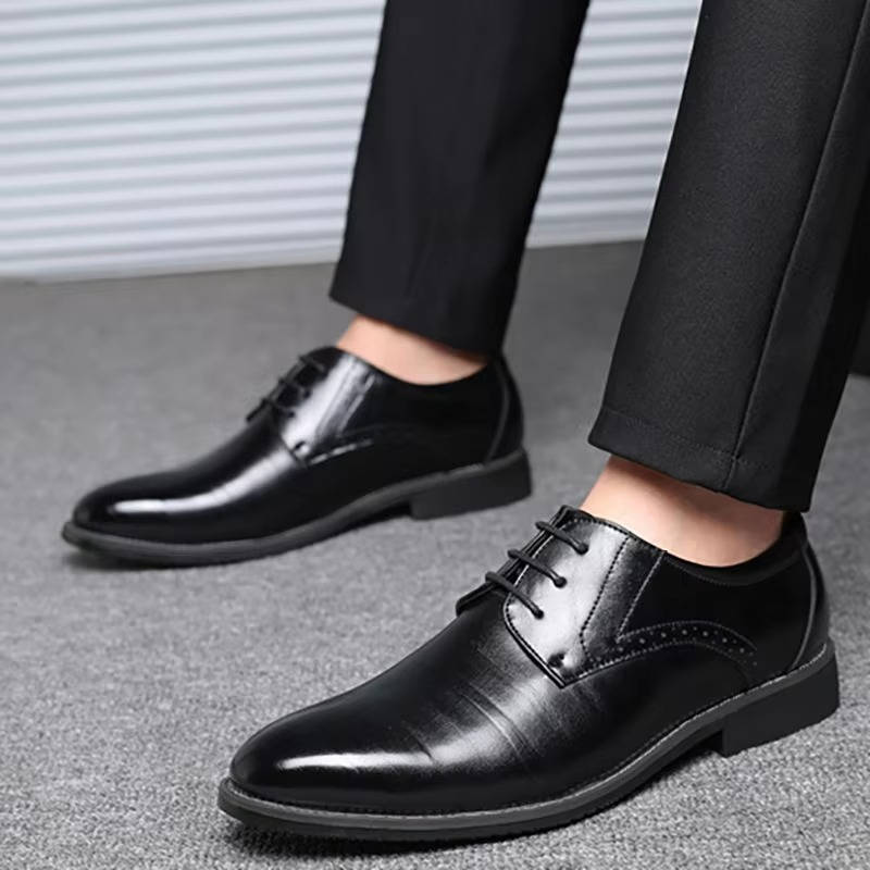Men's black genuine leather derby dress shoes with textured upper for all-day office comfort