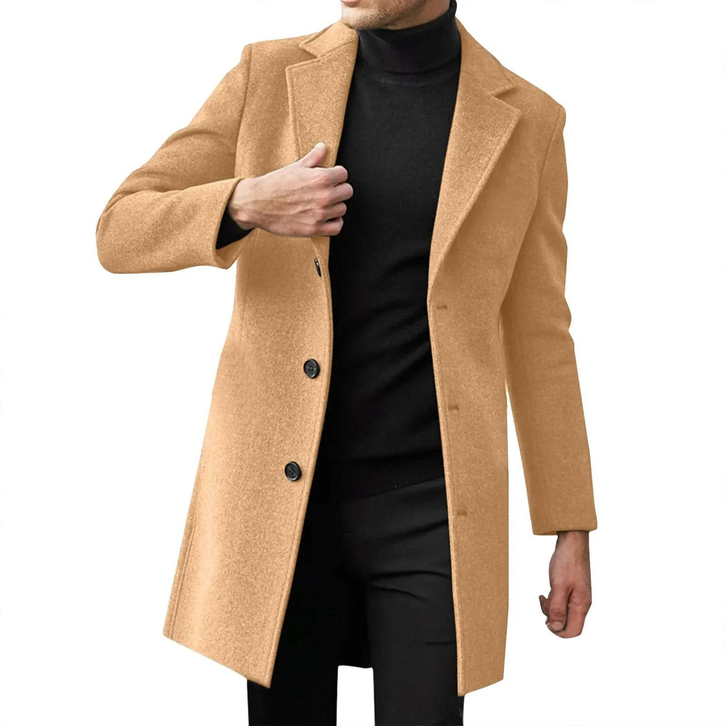 Men's slim fit longline wool overcoat in classic business style with notched lapel collar
