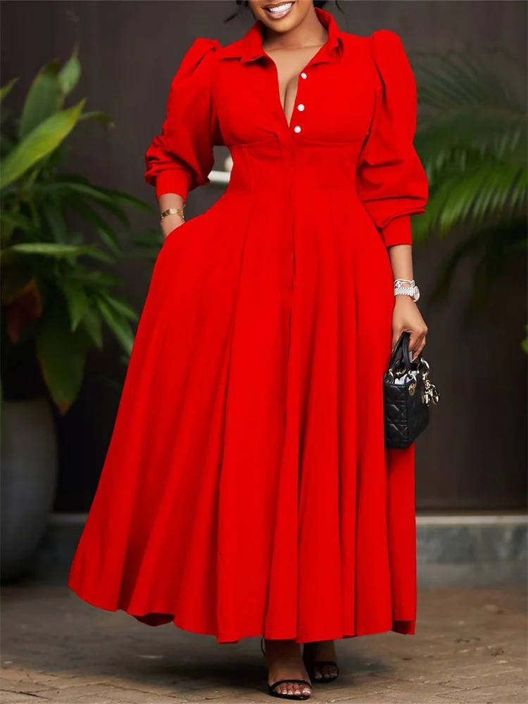 Women casual button-front maxi dress long sleeve high waist A-line silhouette versatile everyday style