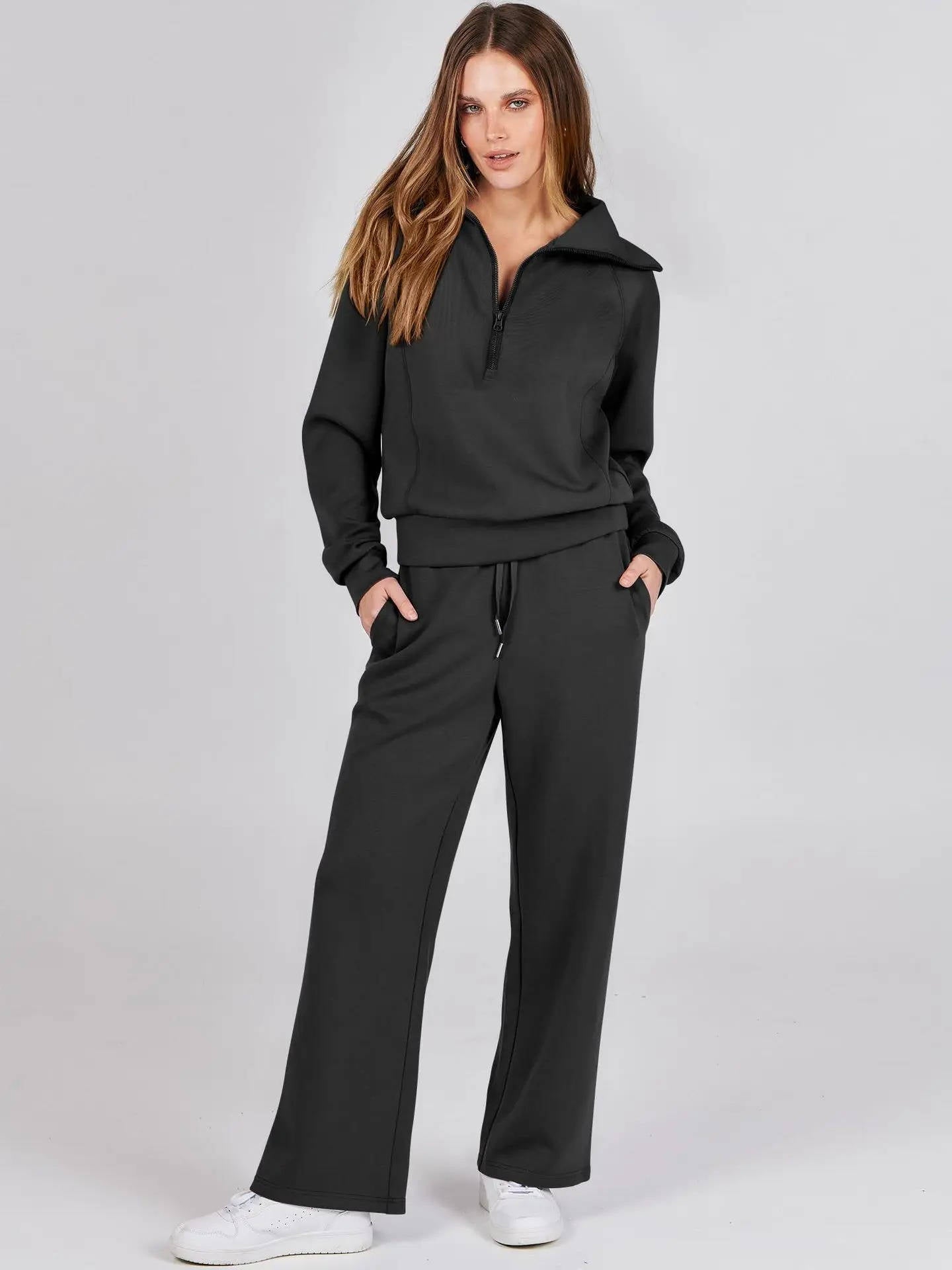 Women's two-piece lounge set half-zip v-neck sweatshirt wide-leg high-waist pants casual comfort
