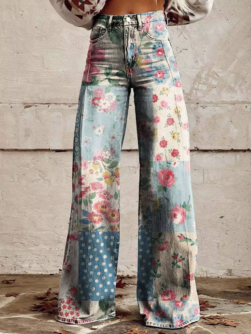 Women's high-waisted floral bell bottom pants vintage-inspired wide leg silhouette bold print