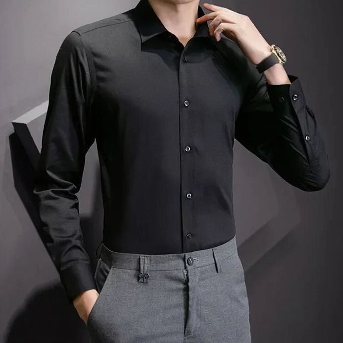 Men's long sleeve pocketless dress shirt stretch wrinkle-resistant professional slim fit polished look