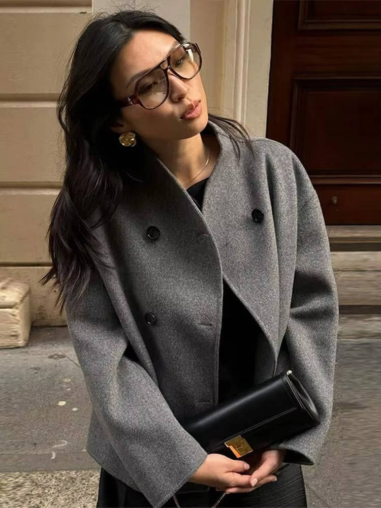 Women's cropped wool peacoat double-breasted stand collar waist-length tailored coat timeless style