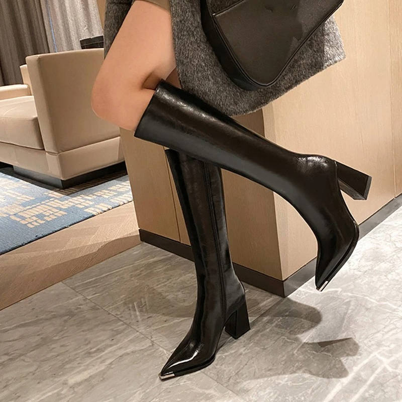 Black leather knee-high heeled boots for women, sleek silhouette with premium PU upper for all-day comfort