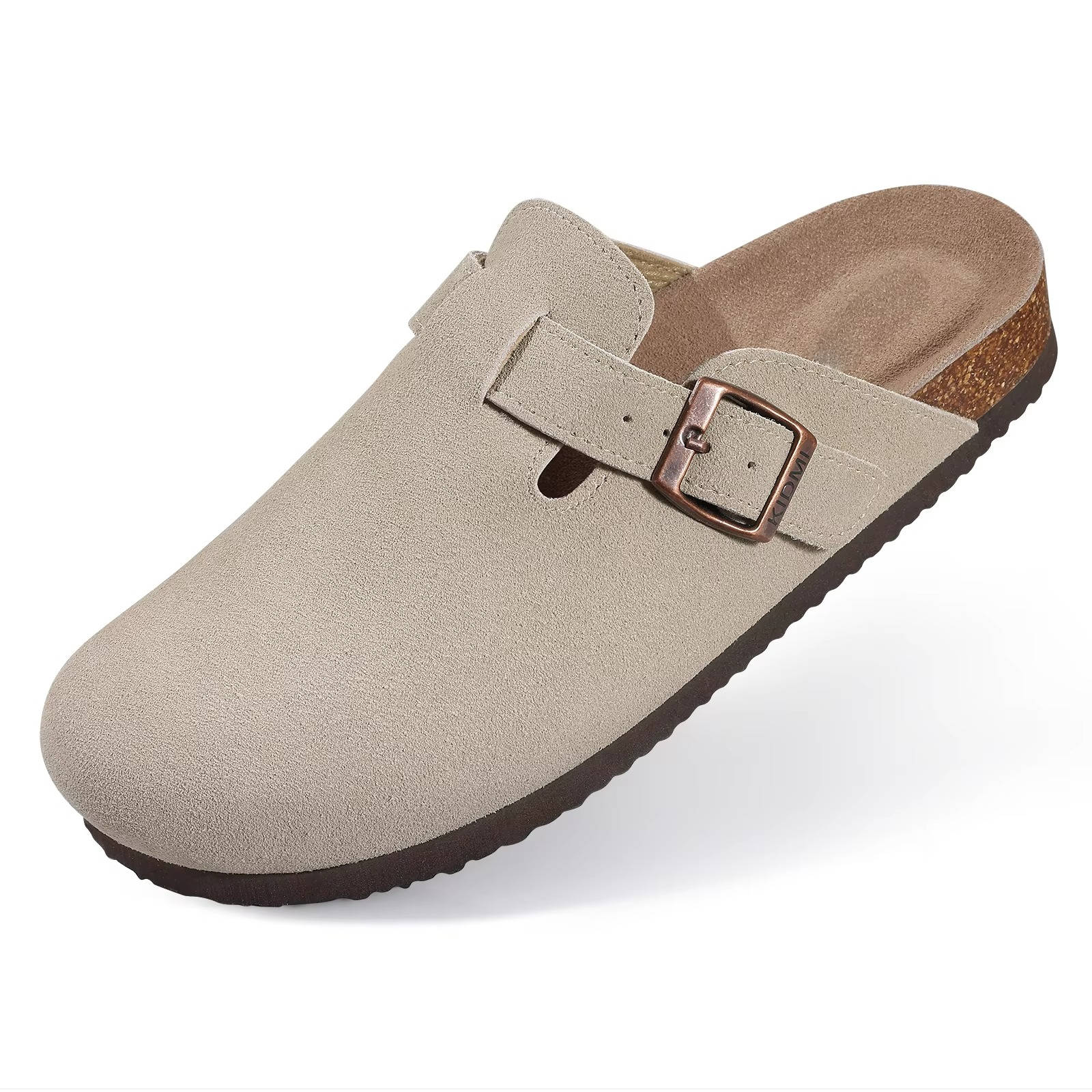 Women's suede clog mule shoes with adjustable metal buckle strap and cork footbed for everyday comfort