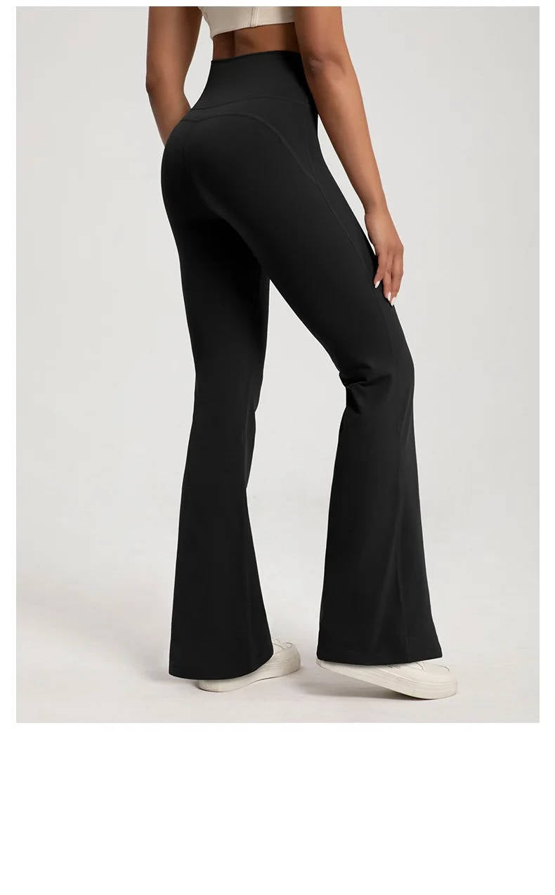 Black high waisted flared leggings with no-slip waistband, four-way stretch for active women