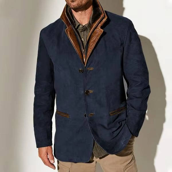 Mens olive brown suede blazer tailored fit leather trim fur collar dressy coat office weekend