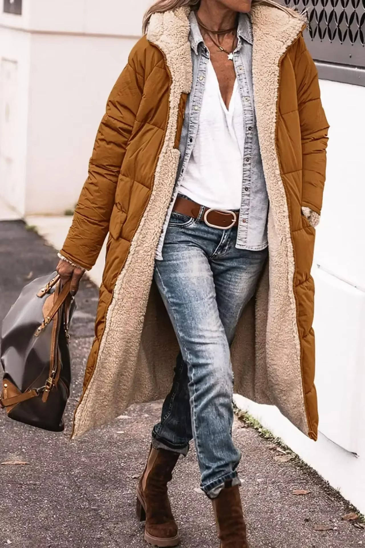 Women's long quilted coat with hood, fleece-lined warm winter outerwear in classic solid color