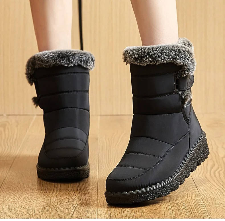 Women's waterproof insulated snow boots with fluffy fur lining, seam-sealed, outdoor winter style