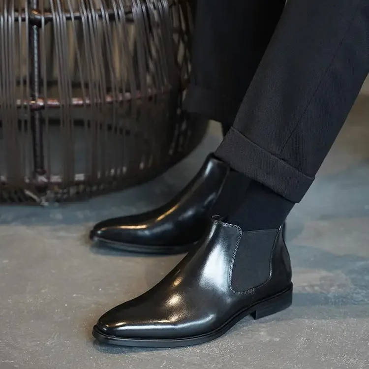 Men's genuine leather Chelsea boots black slip-on elastic side panels timeless dress style for professionals