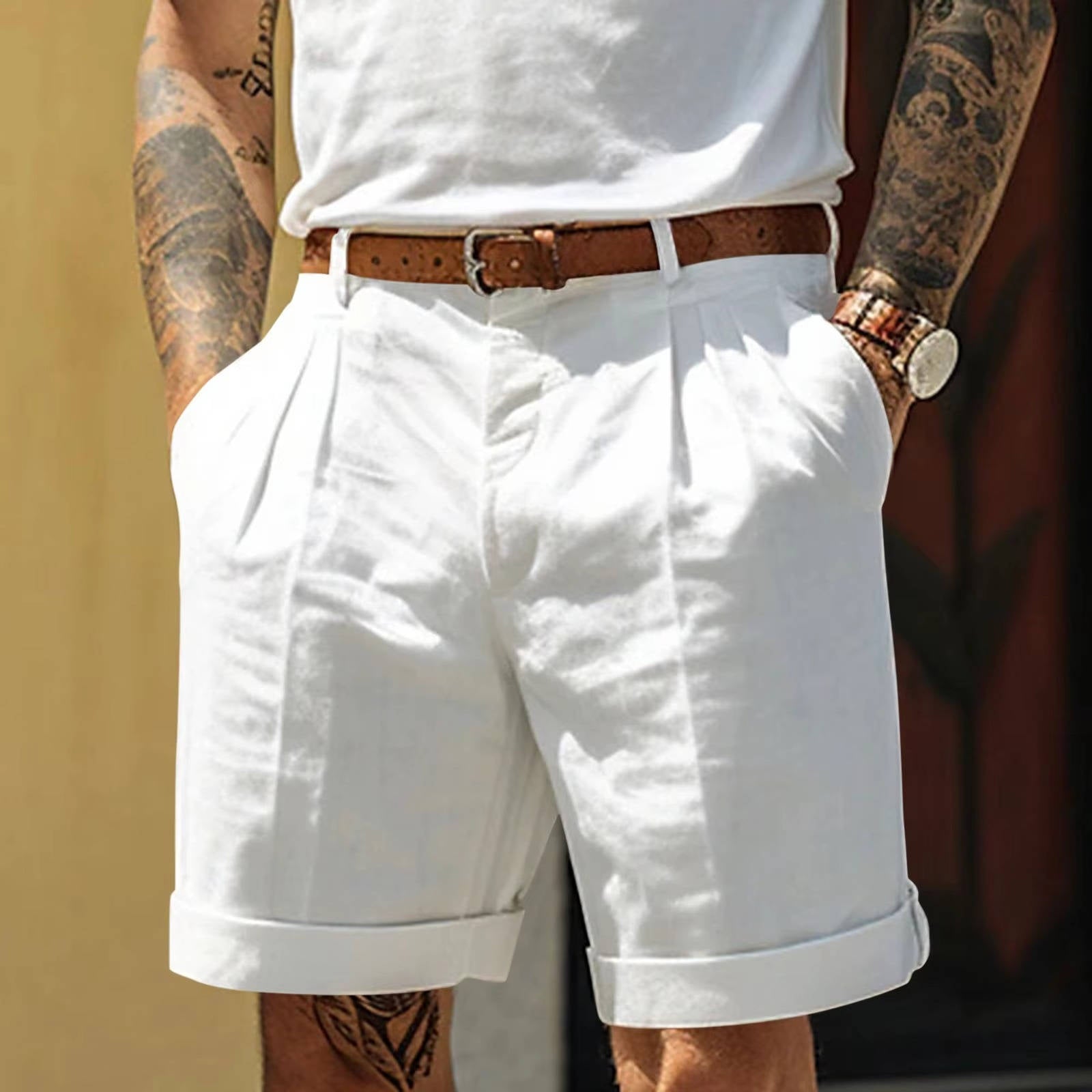 Men's white pleated cotton-linen blend shorts with cuffed hem, lightweight breathable casual fit