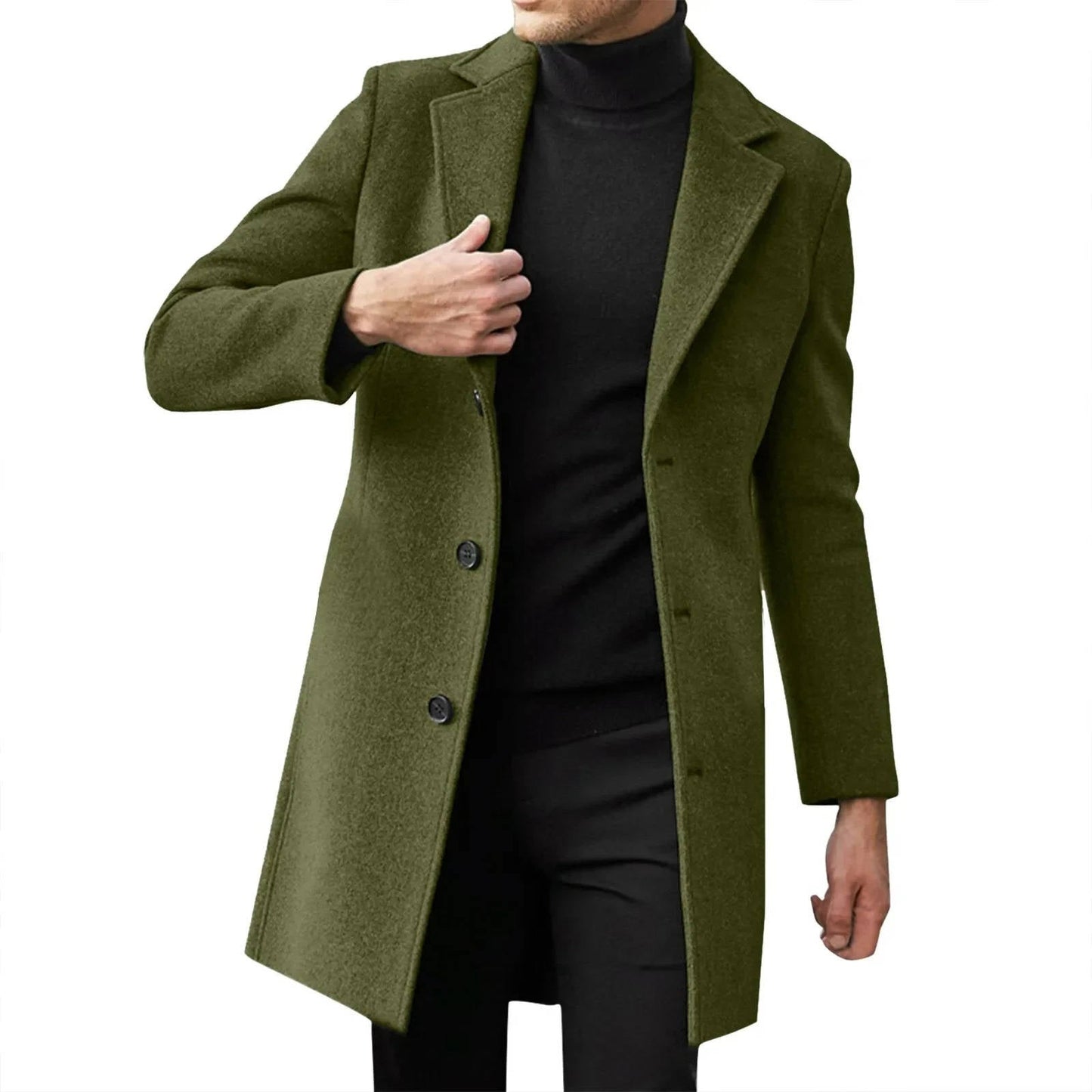 Men's slim fit longline wool overcoat in classic tone with notched lapel for business formalwear