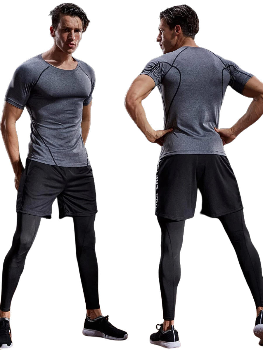 Men's black short sleeve compression training shirt with moisture-wicking performance fit for workouts