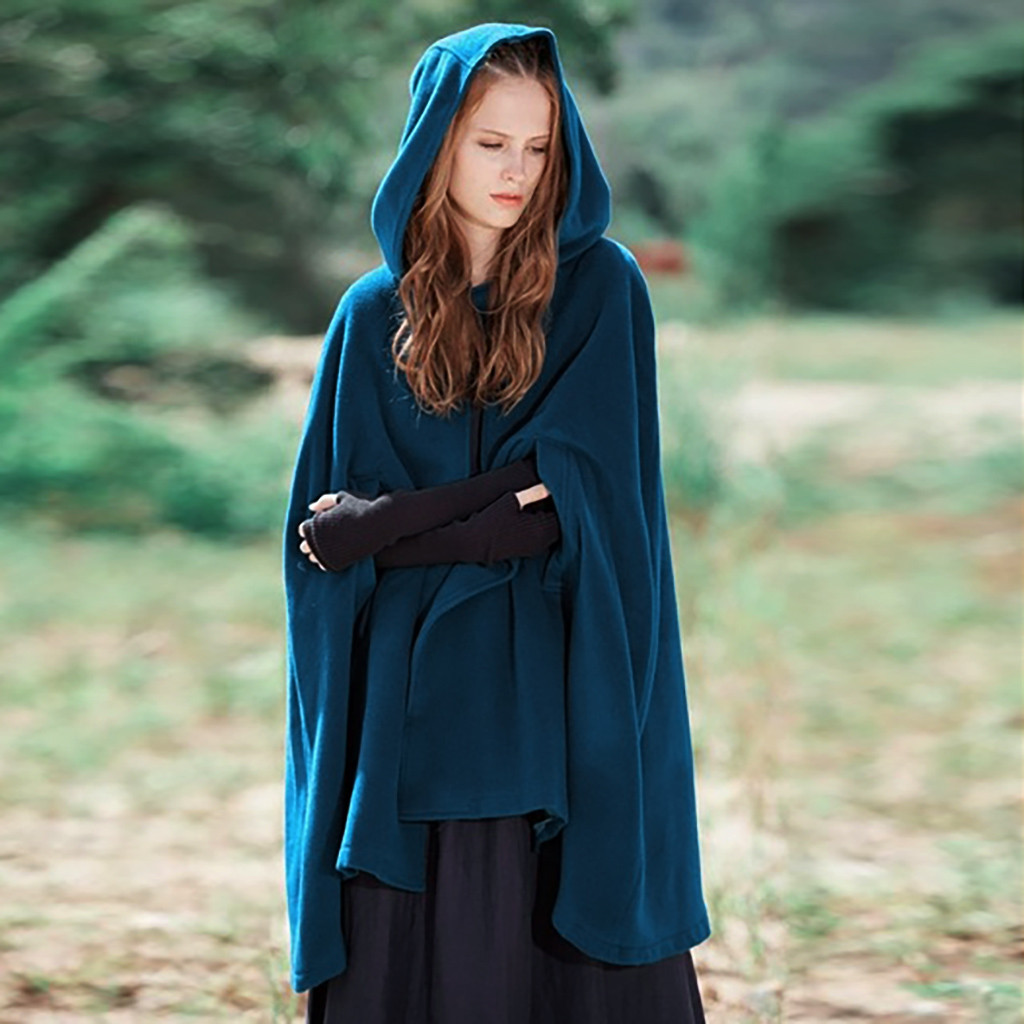 Women's hooded wool blend cape loose fit open-front mid-length warm layering piece