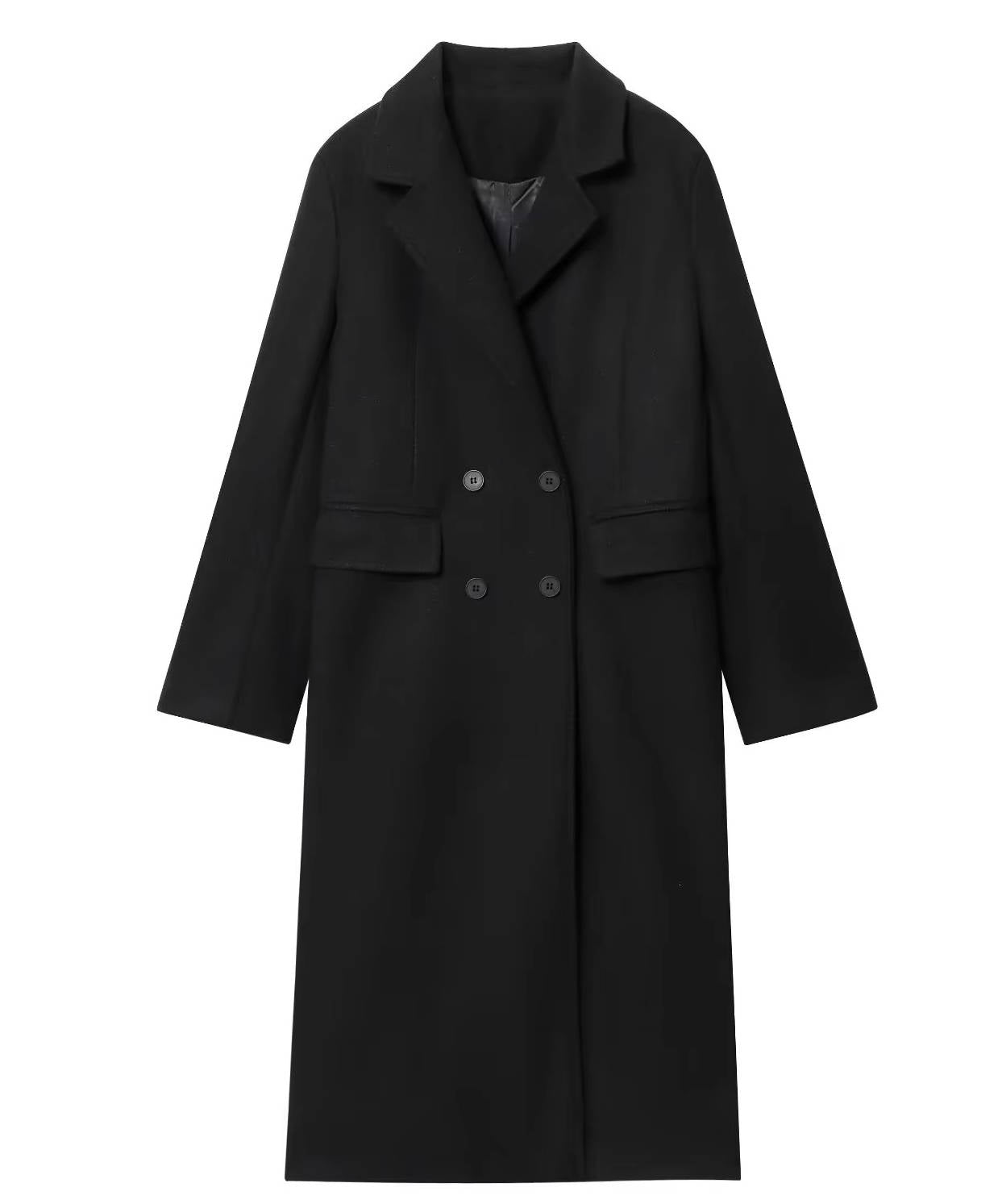 Women's long double-breasted wool blend overcoat knee-length silhouette in classic tailored fit