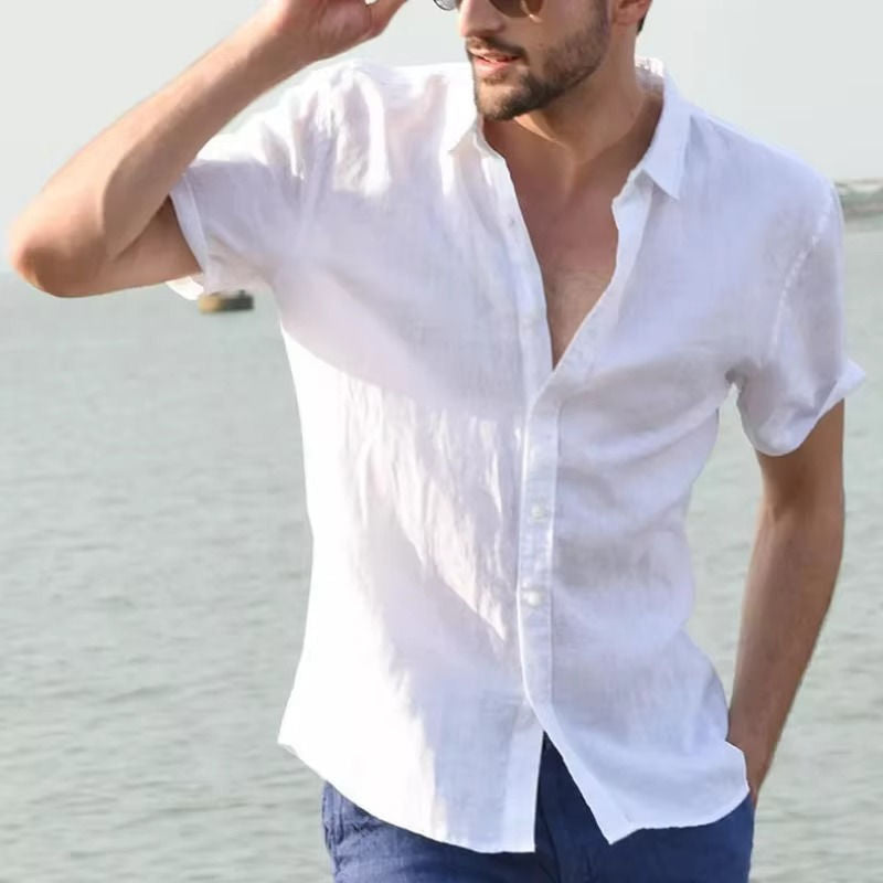 Men's lightweight linen blend shirt in neutral tones, breathable slim fit for office and casual summer wear