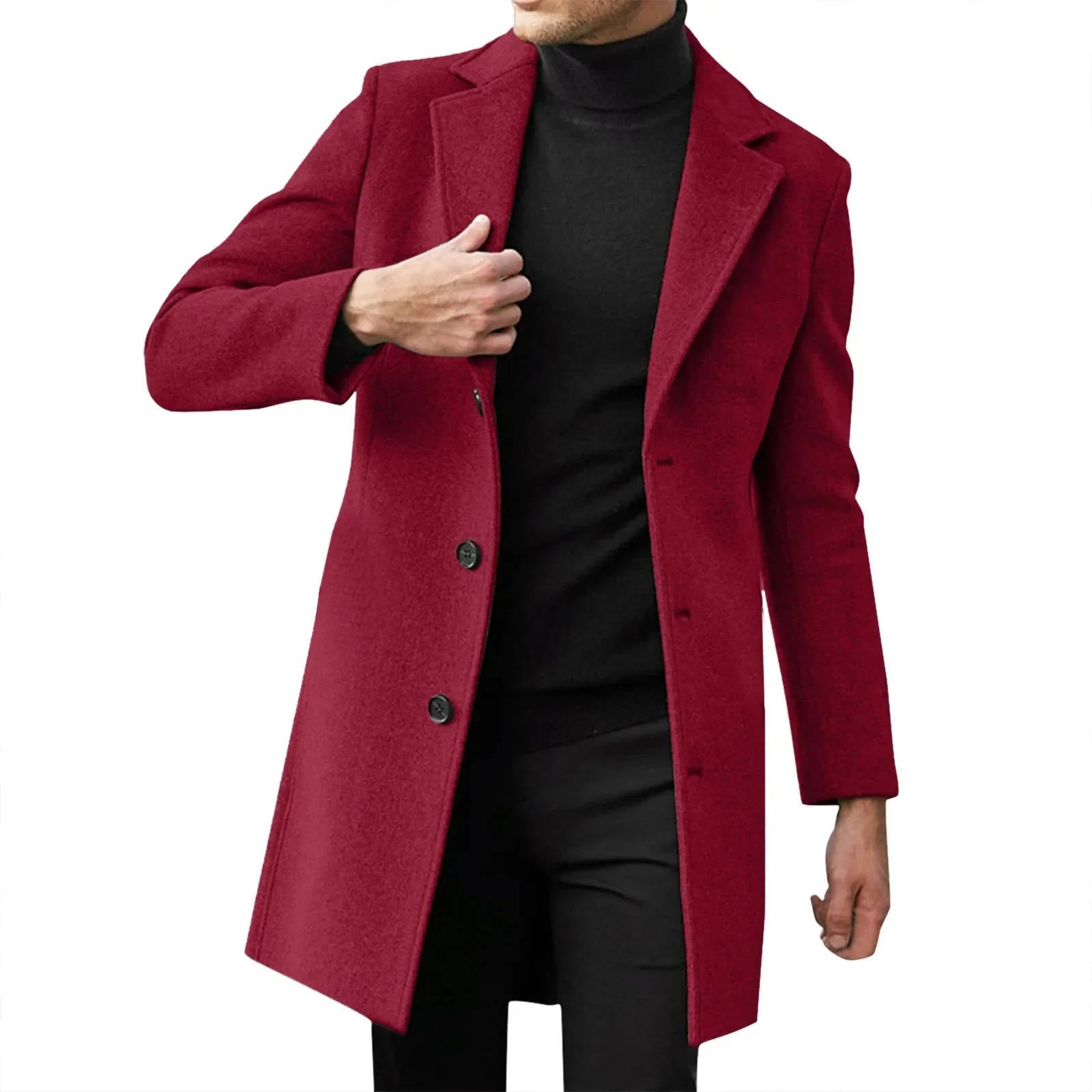 Men's slim fit longline wool overcoat in classic tone with notched lapel for business formalwear