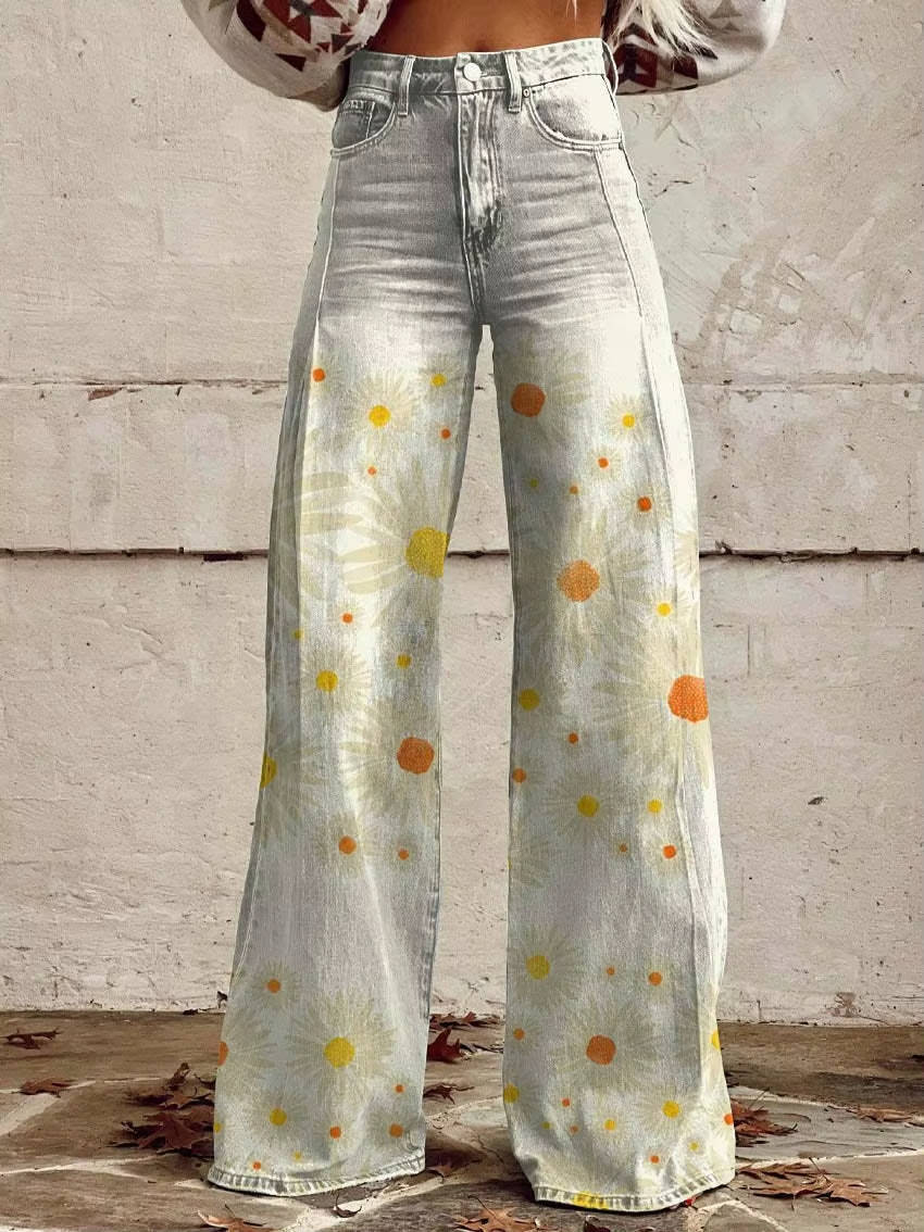 Women's high-waisted floral bell-bottom pants vintage-inspired bold print flared silhouette