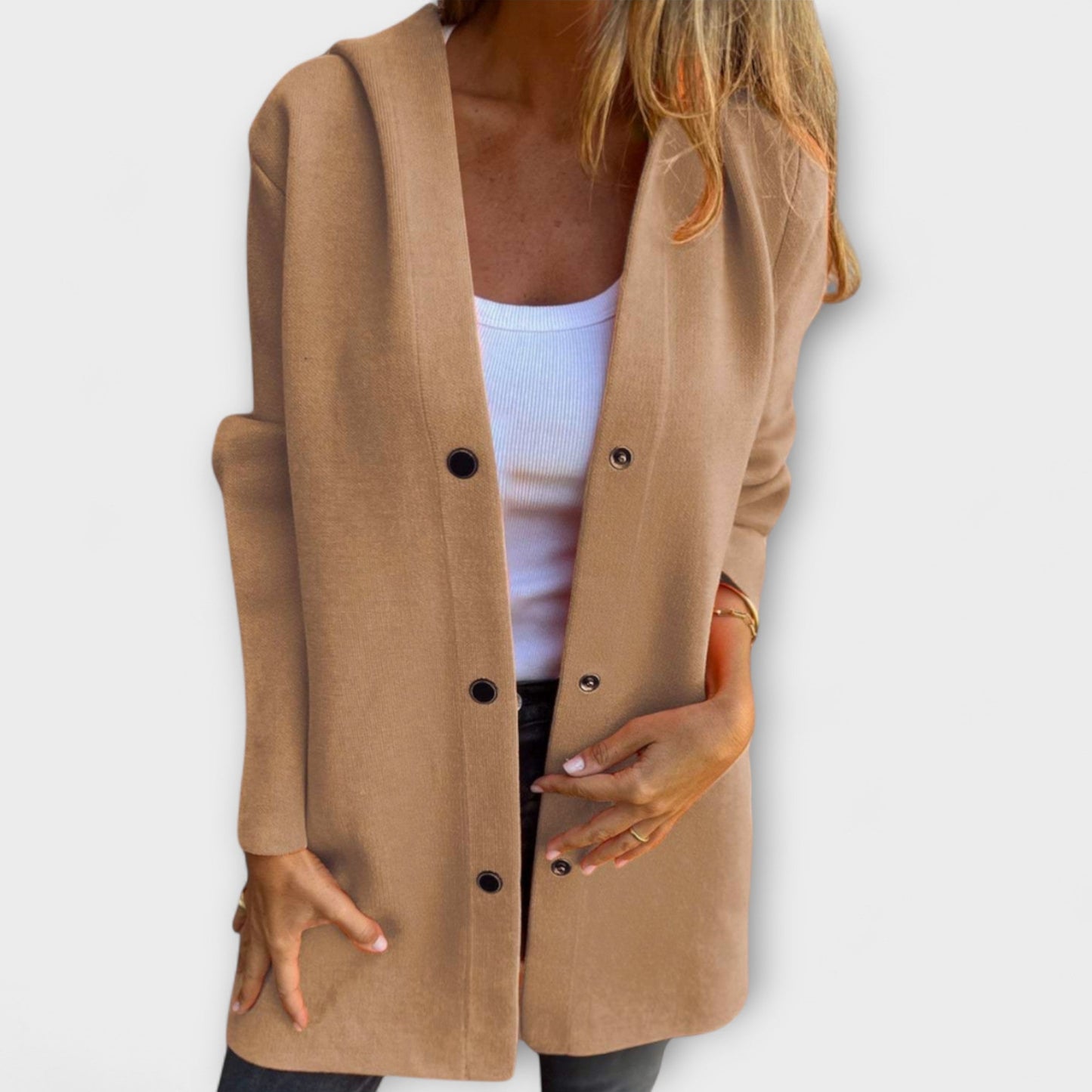 Women's beige tailored long coat button-front closure casual everyday silhouette elegant outerwear