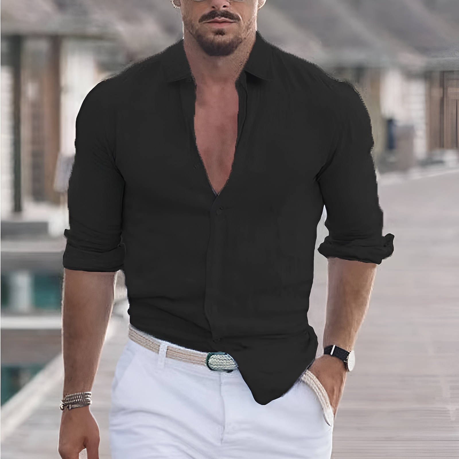 Men's white cotton-linen long-sleeve casual shirt with breathable relaxed fit for summer comfort