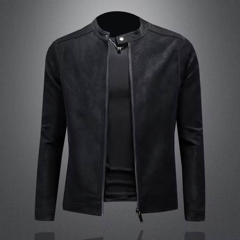Men's matte black PU leather jacket stand collar slim fit lightweight everyday essential