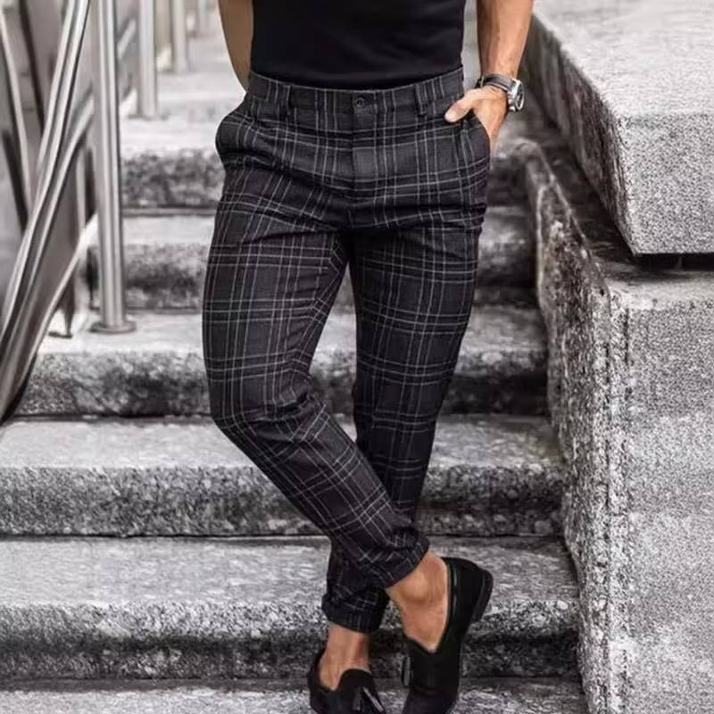 Men's relaxed straight-cut checkered pants in neutral tones with mid-rise waist and stretch comfort fabric