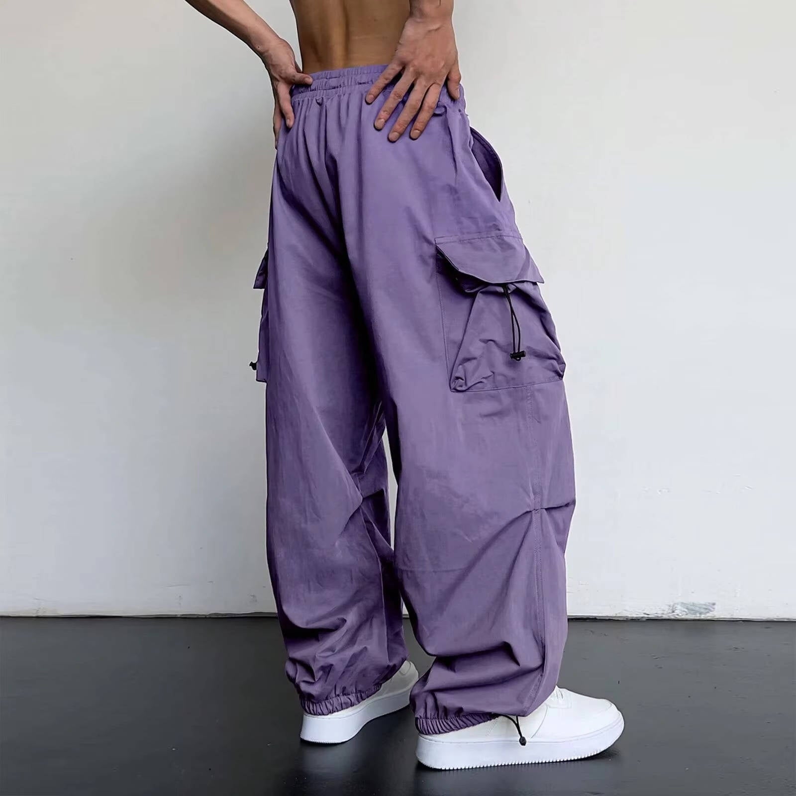 Men's baggy cargo pants wide leg relaxed fit large side pockets drawstring waist streetwear style