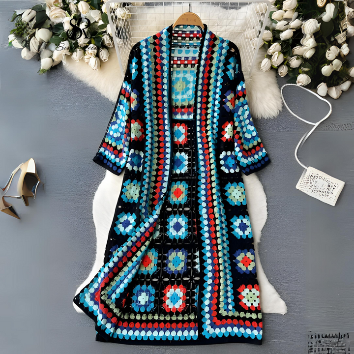 Women's beige crochet cardigan open front boho geometric knit calf-length effortless layering