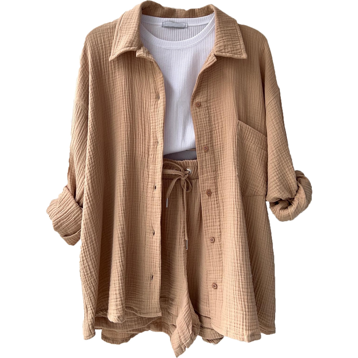 Women's lightweight cotton button-up shirt and shorts set with elastic waist, relaxed everyday style