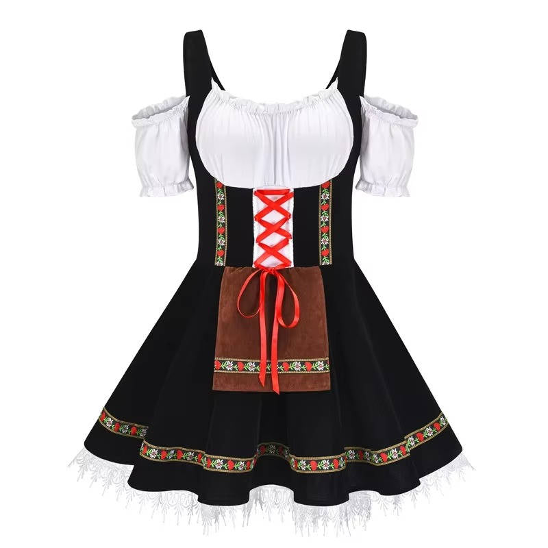 Traditional Bavarian dirndl dress set with coordinating ribbon, floral Oktoberfest style
