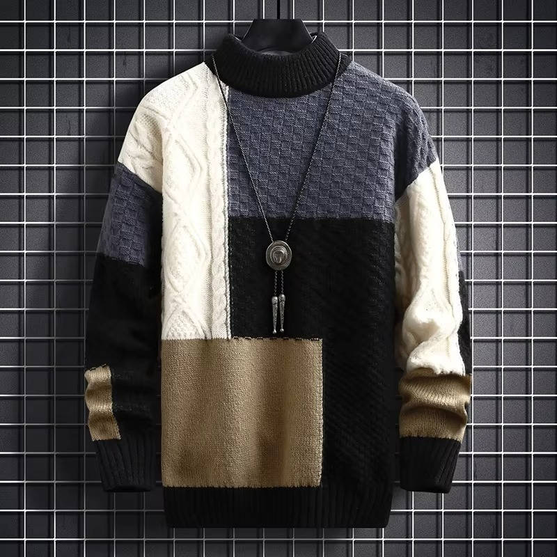 Men's patchwork knit sweater with colorblock panels, tonal stitching, casual relaxed fit everyday style