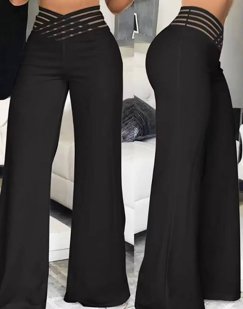 Women's high waist flared pants with elastic waistband, wide-leg drape, versatile desk-to-dinner style
