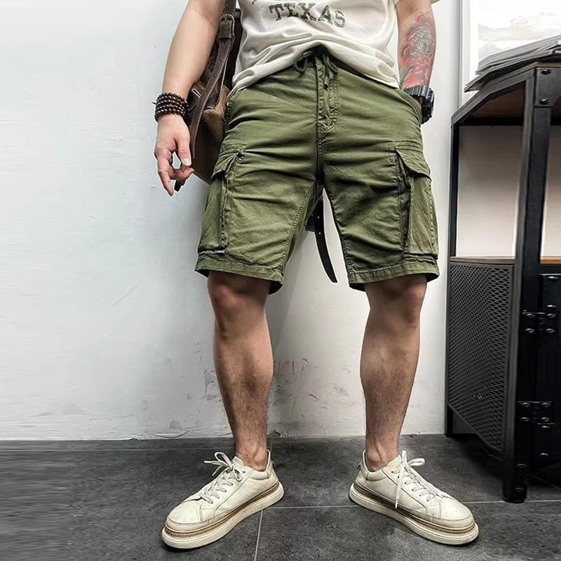 Men's lightweight cotton cargo shorts straight fit multiple snap-closure pockets casual urban summer style