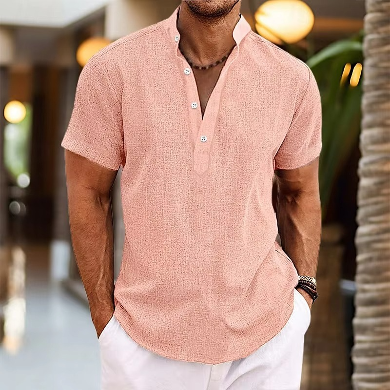 Men's light linen Henley shirt breathable lightweight short sleeve everyday essential all seasons