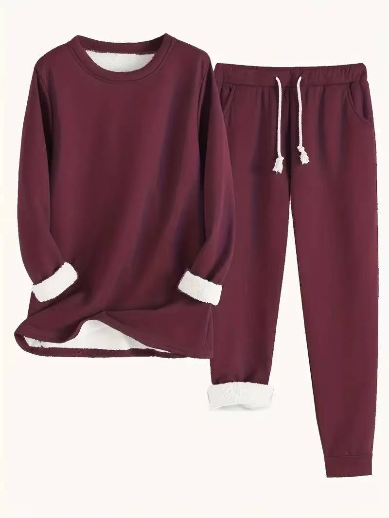 Women's fleece-lined sweatsuit set, cozy two-piece relaxed fit with soft brushed fuzzy lining