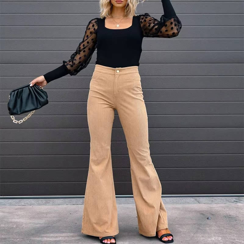 Women's brown corduroy flare pants high-waisted vintage style with all-day stretch comfort fit