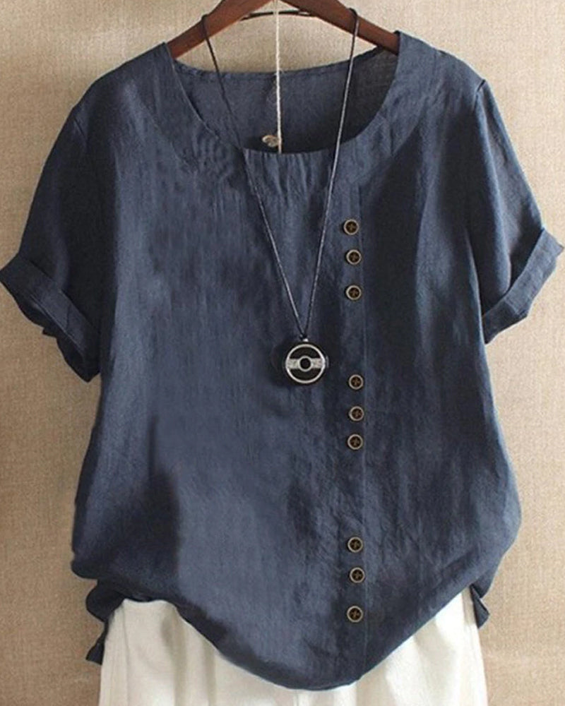 Vera white cotton linen blend round neck T-shirt with button closure, short sleeves everyday casual style